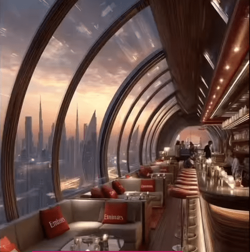 Dramatic aerial rendering of the 580-meter Emirates Air Hotel skyscraper, showing the static A380 mounted above the clouds, with the sleek, curved tower structure extending far above the surrounding Dubai buildings.