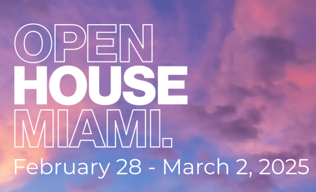 Promotional graphic for Open House Miami 2026 featuring the event logo with vibrant colors and architectural silhouettes representing Miami’s built environment.