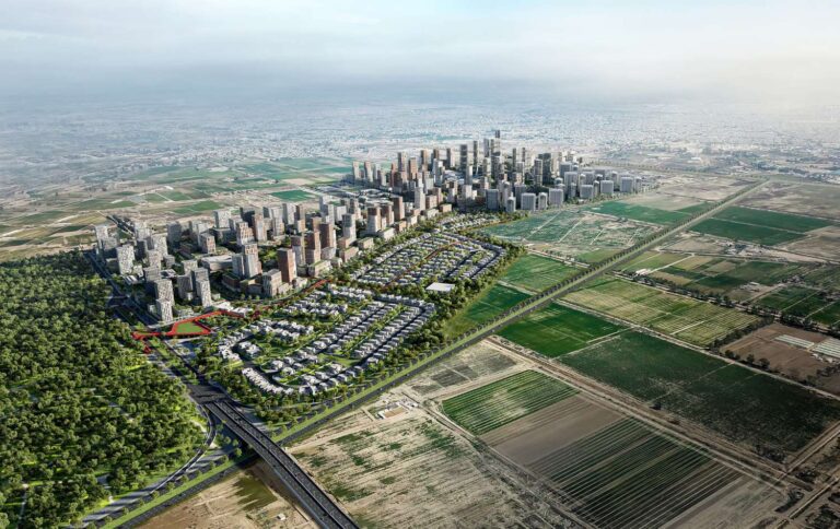 High-angle aerial rendering of a large-scale modern city development featuring high-rise buildings, residential clusters, and vast green spaces integrated with agricultural fields.
