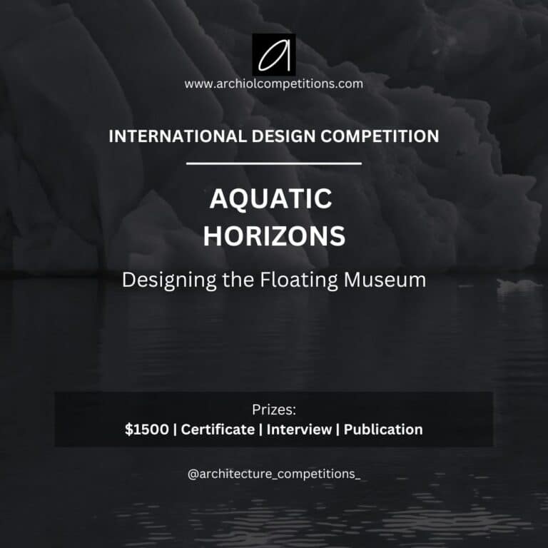 Floating museum concept for AQUATIC HORIZONS 2026 featuring a contemporary structure suspended above calm water with adaptive architectural elements.