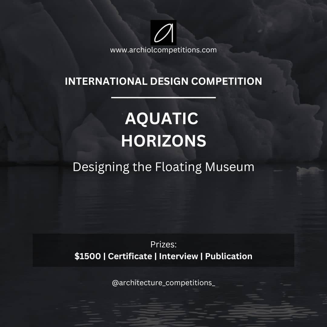 Floating museum concept for AQUATIC HORIZONS 2026 featuring a contemporary structure suspended above calm water with adaptive architectural elements.
