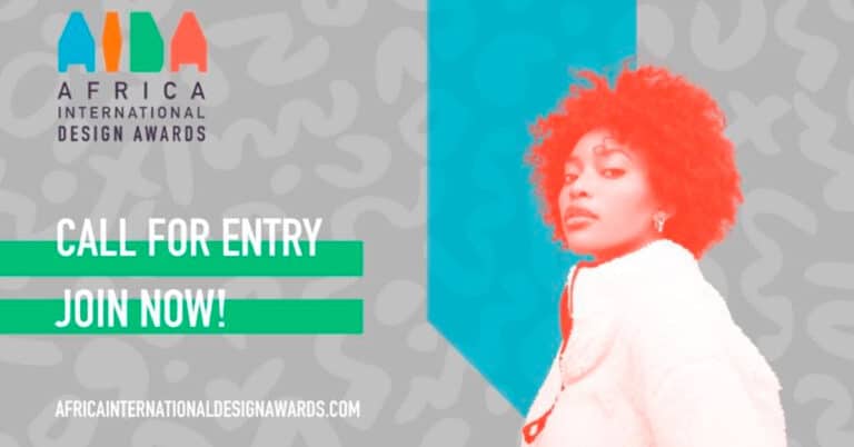 Promotional call-for-entries graphic for the Africa International Design Awards 2026 showing bold text and visual elements representing the international design competition.