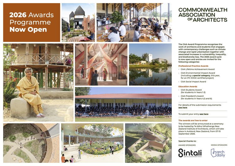 Promotional collage showing previous award-winning architecture projects and the 2026 Commonwealth Association of Architects Awards Programme title announcing the open call for entries.