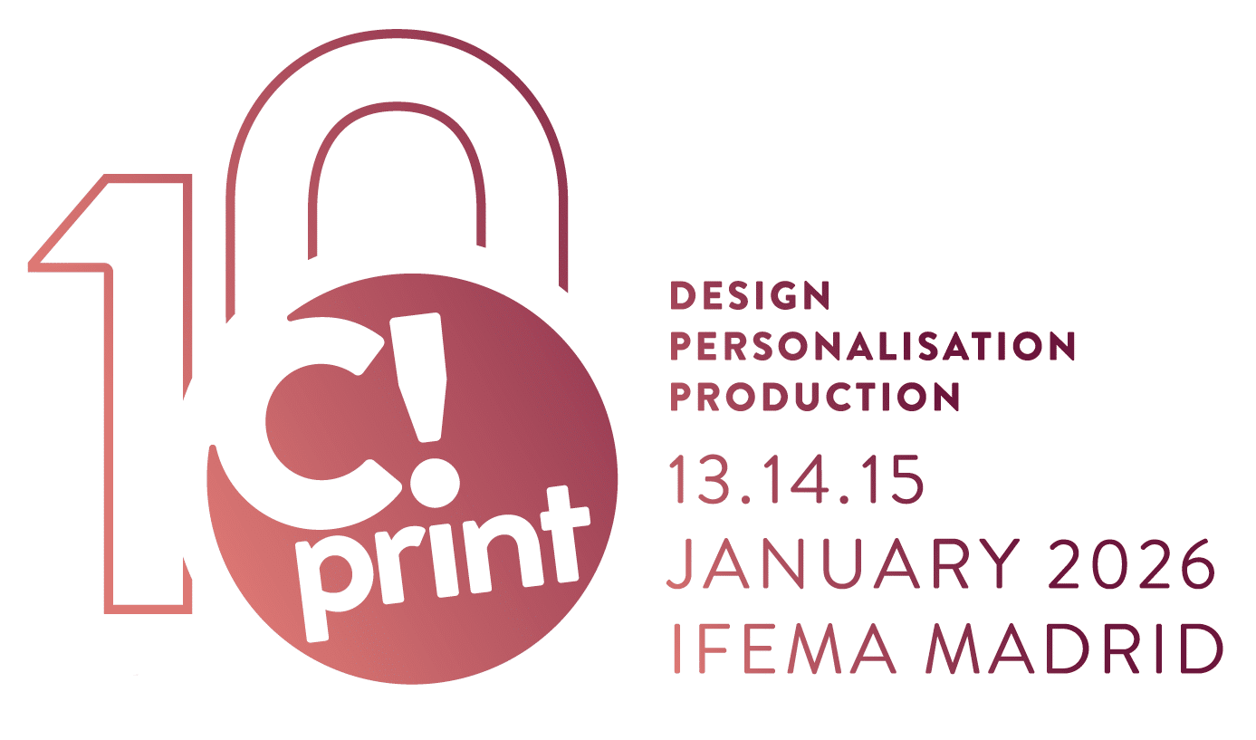 Promotional graphic for C!Print Madrid 2026 featuring bold event branding with pink and purple color blocks and modern typography.