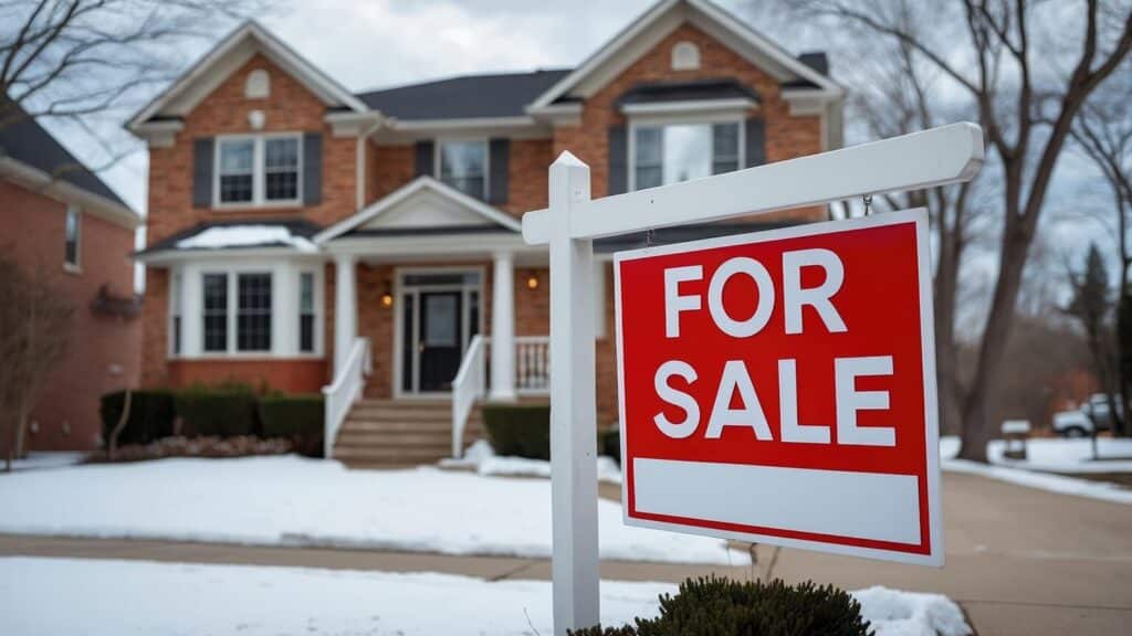 A red "For Sale" sign stands in a snow-covered front yard of a large two-story brick house during winter.