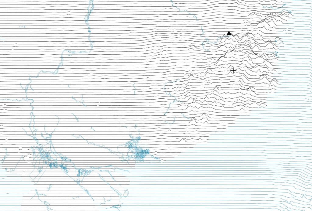 Detail of an architectural and climate‑responsive landscape section drawing from the Designers of Mountain and Water: Alternative Landscapes for a Changing Climate exhibition at Harvard Graduate School of Design.