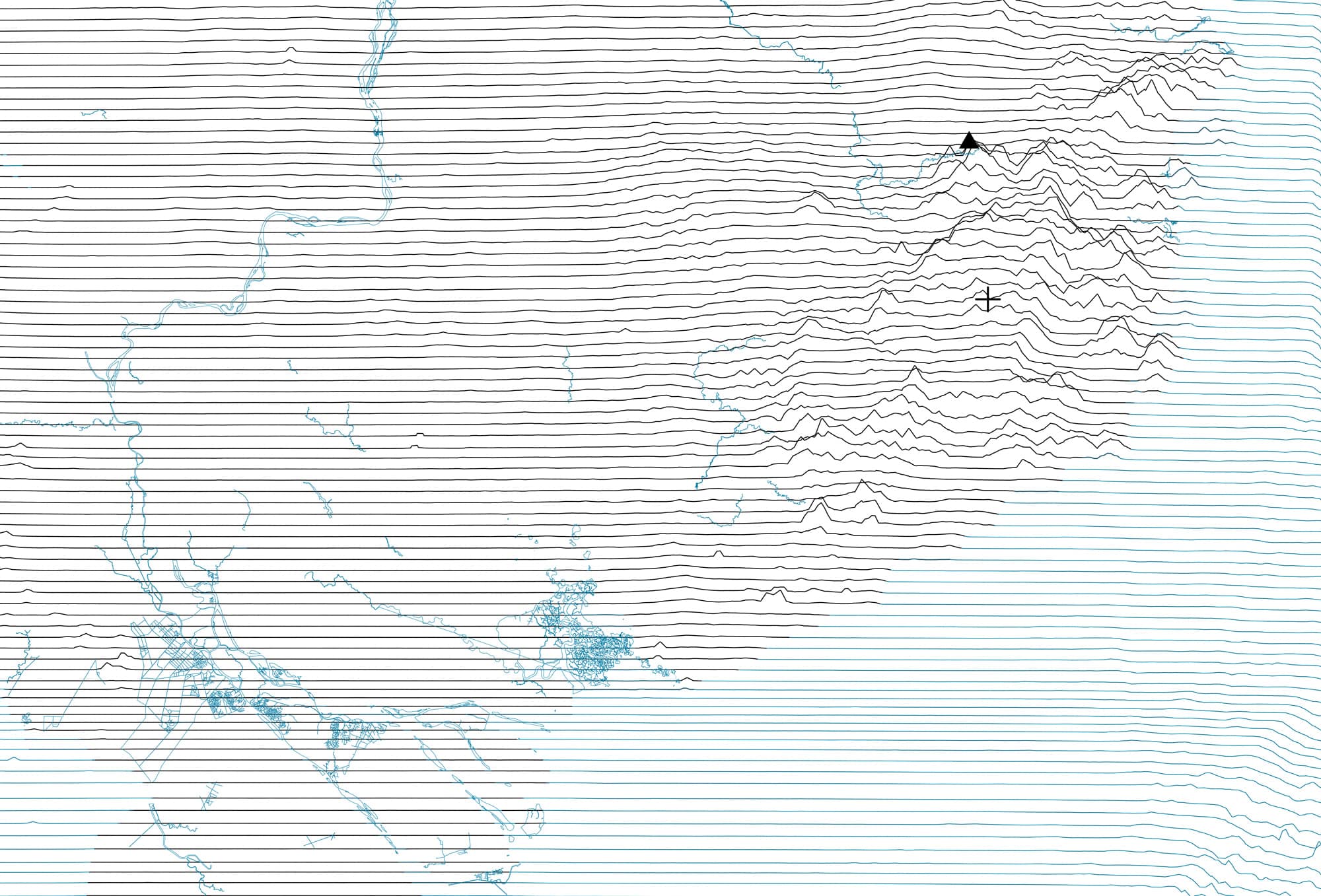 Detail of an architectural and climate‑responsive landscape section drawing from the Designers of Mountain and Water: Alternative Landscapes for a Changing Climate exhibition at Harvard Graduate School of Design.