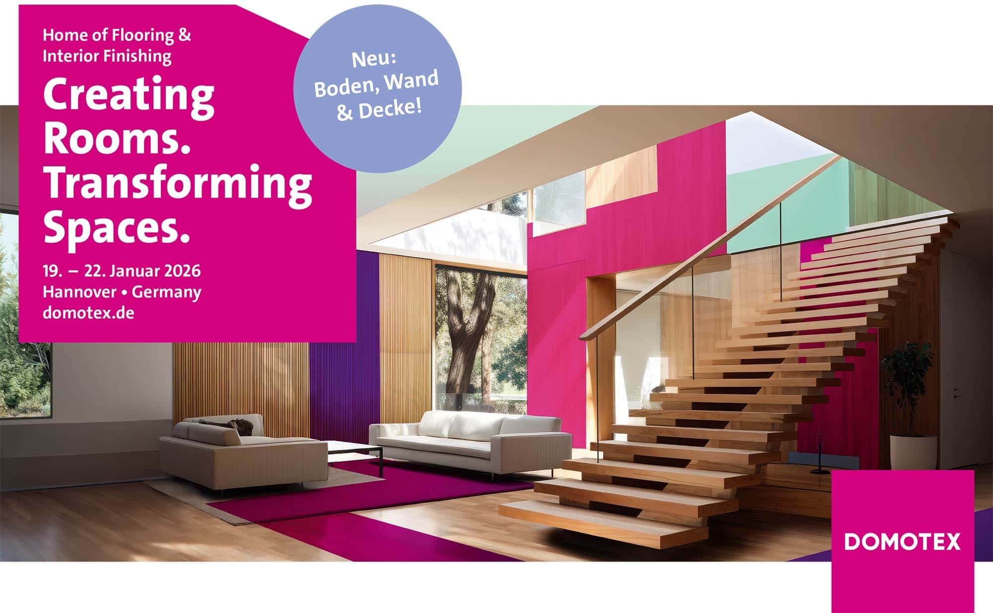 Domotex International Trade Fair 2026 promotional banner featuring contemporary flooring and interior design visuals