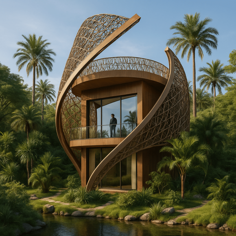 A contemporary modular cabin from the EPIC Cabins Global Student Challenge, showcasing innovative timber construction and large glass facades in a natural landscape setting.