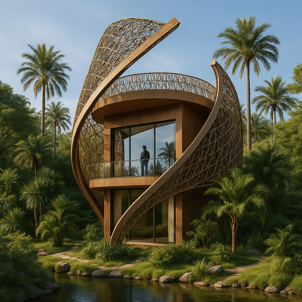 A contemporary modular cabin from the EPIC Cabins Global Student Challenge, showcasing innovative timber construction and large glass facades in a natural landscape setting.