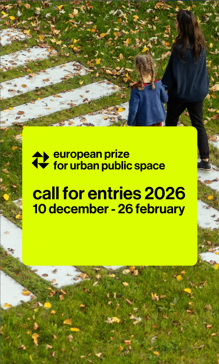 Promotional call-for-entries graphic for the European Prize for Urban Public Space 2026 featuring people walking in a landscaped urban public space with the competition title and dates.