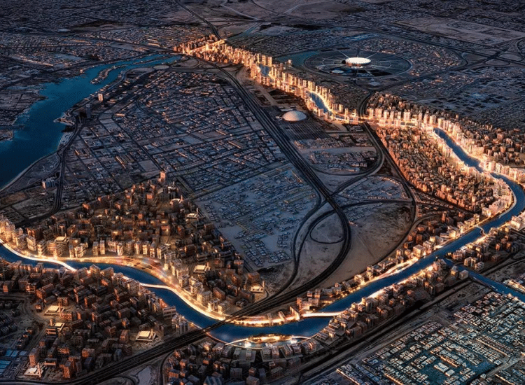 An aerial perspective of a sprawling city at night, featuring a glowing blue canal winding through dense urban blocks and illuminated high-rise buildings.