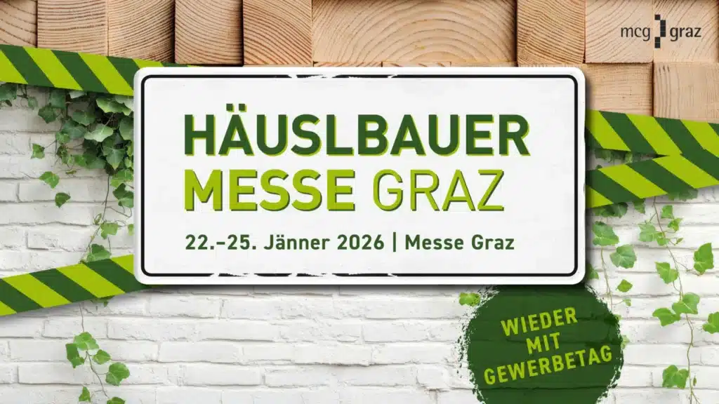 House Building Fair Graz 2026 promotional banner showing building and construction trade fair identity with architectural graphic elements