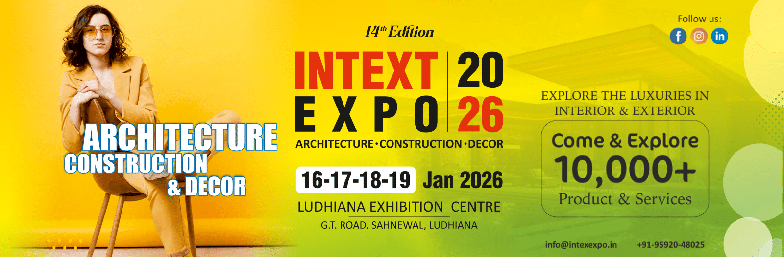 INTEXT Expo 2026 trade fair banner highlighting architecture interior and exterior design exhibition at Ludhiana Exhibition Centre India