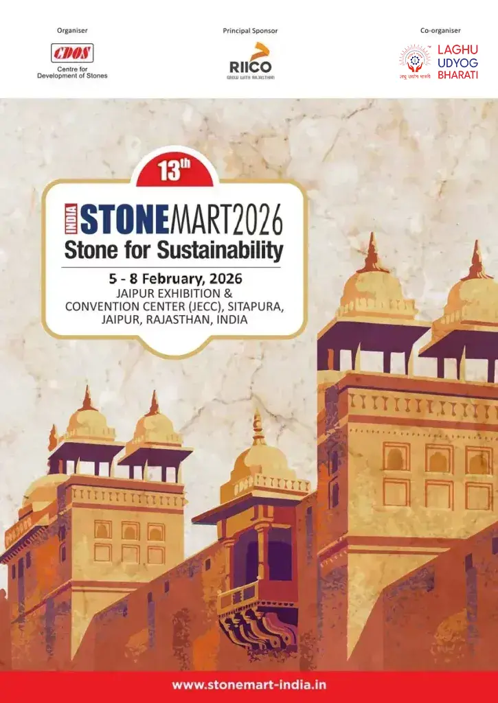 Promotional banner for India Stonemart 2026 featuring bold text and geometric stone texture background for the international stone trade show.