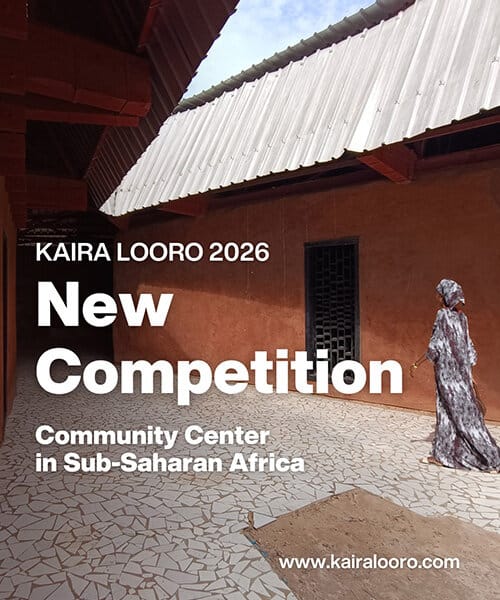 Graphic promotional image for the Kaira Looro Architecture Competition 2026 showing text and visual cues about the international community-center design challenge.