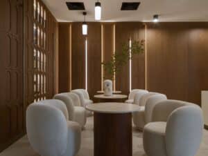 Interior view of Slow Fitness showing a calm, minimalist workout space designed for controlled movement, rest, and sensory balance.