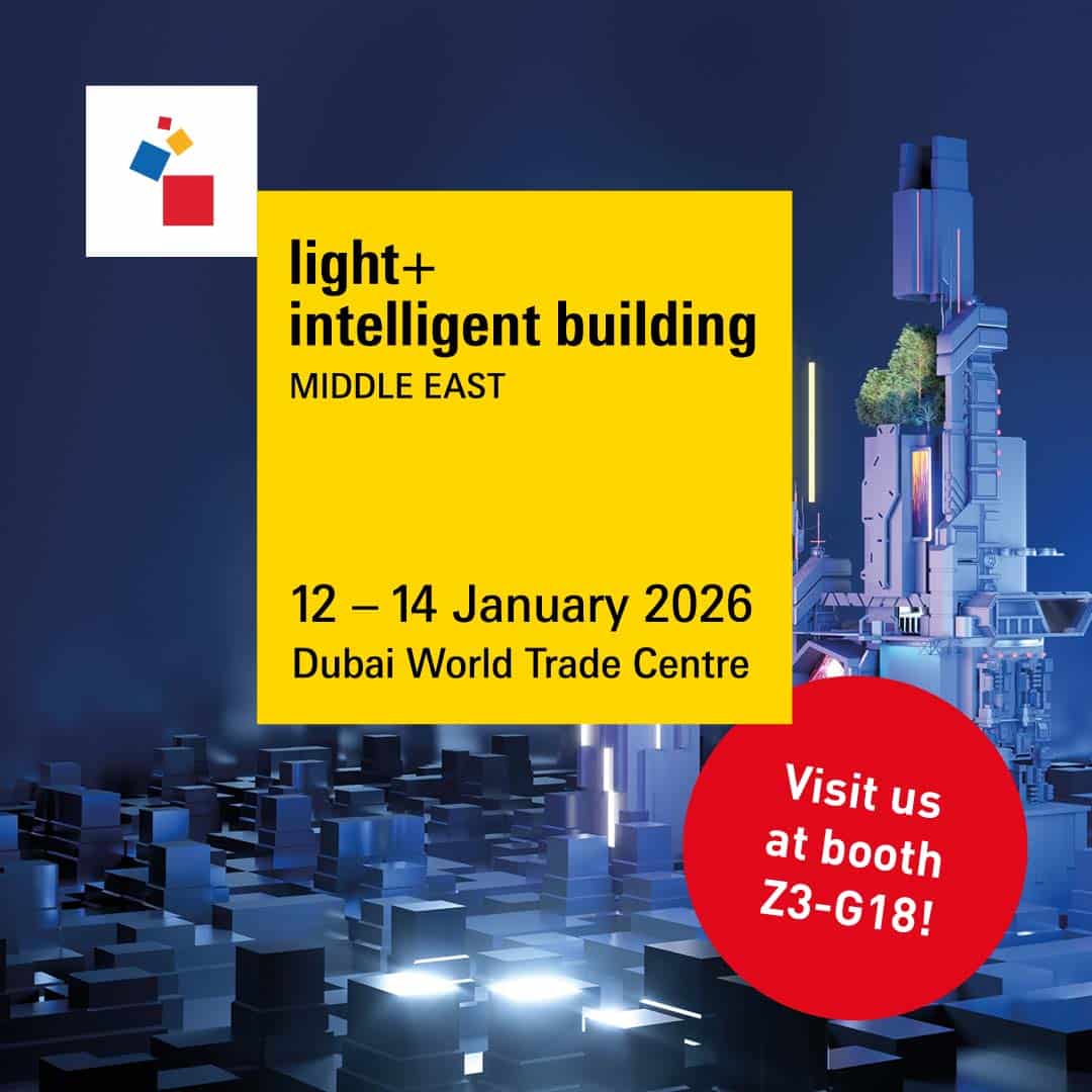 Photograph showing the exhibition floor at Light + Intelligent Building Middle East 2026 with lighting technology displays, booths, and visitors exploring products for smart buildings and illumination.