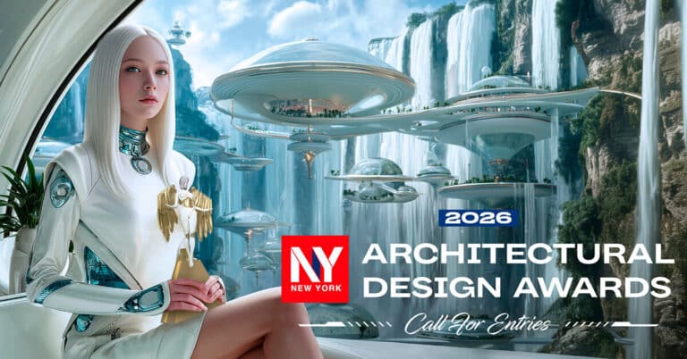 Promotional graphic for the NY Architectural Design Awards 2026 showing bold text and design elements representing the international architecture and design awards program.
