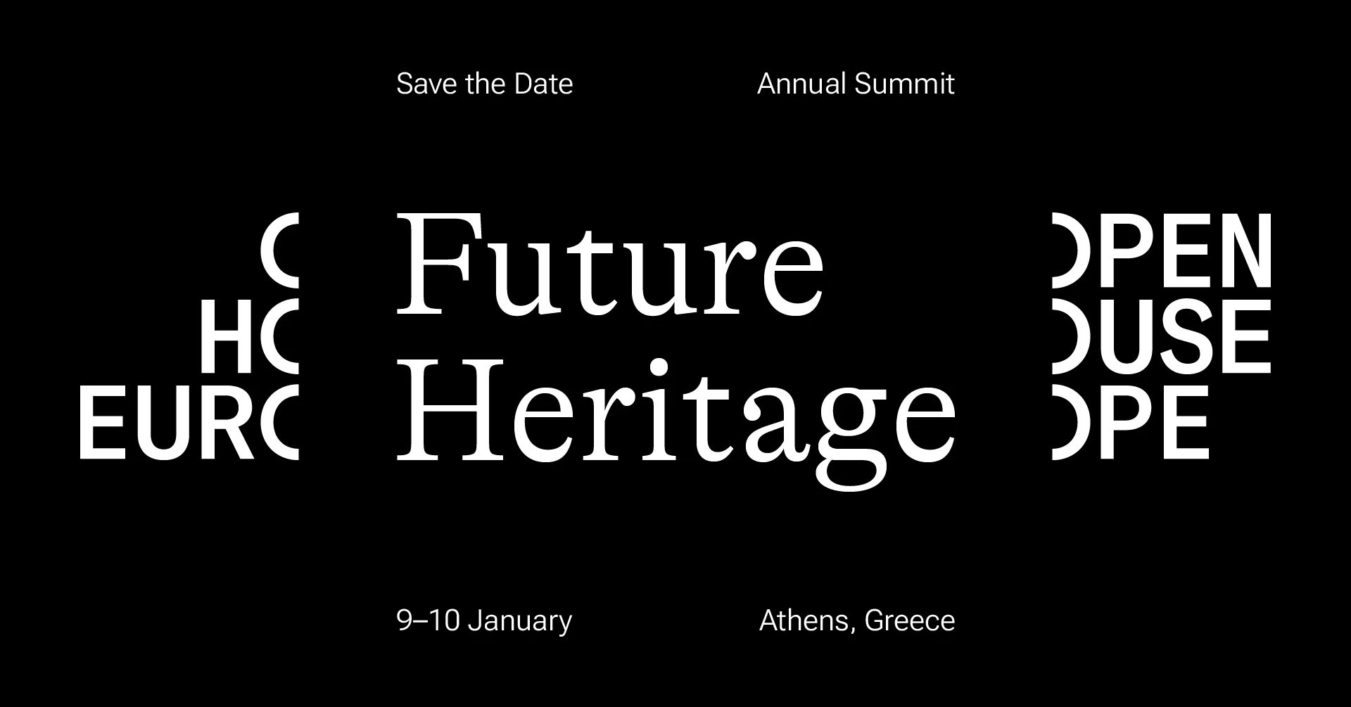 Event promotional graphic for Future Heritage Summit 2026 by Open House Europe, featuring typographic artwork and branding for the annual architecture and heritage conference.