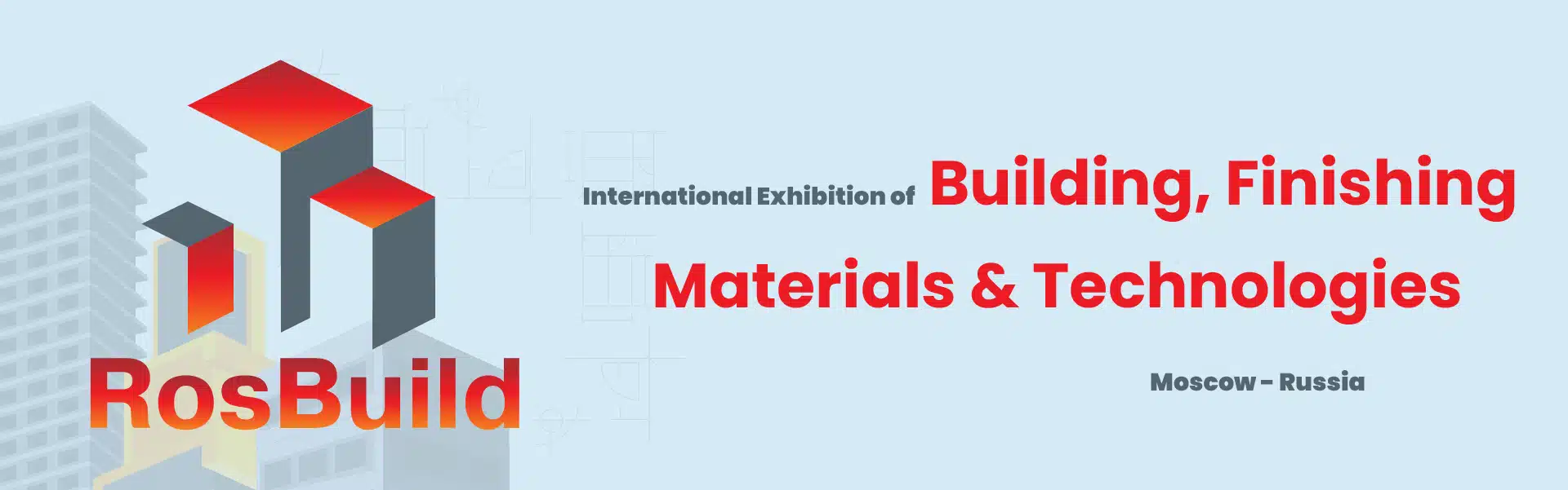 Promotional image for RosBuild 2026 showing construction exhibition branding and event title for the international building and materials trade show.