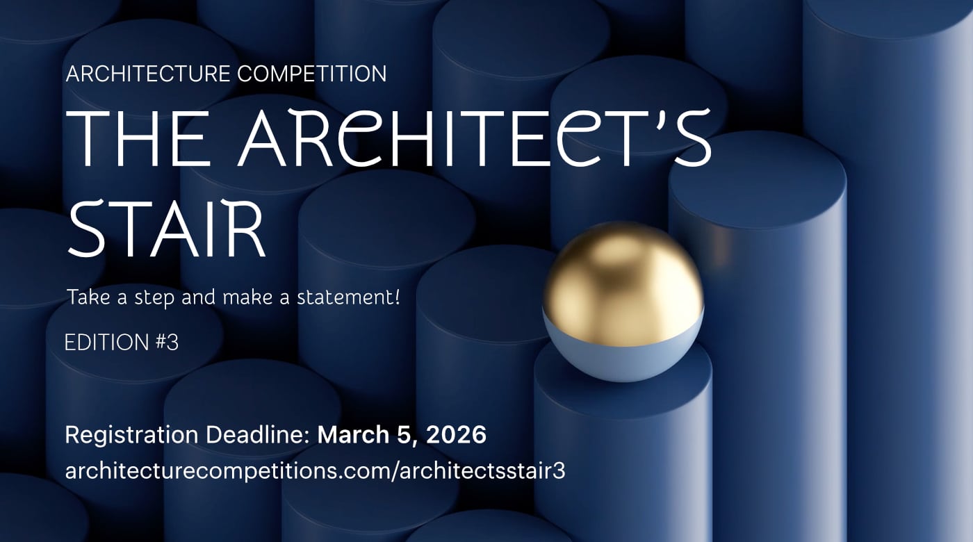 A dramatic interior view of a sculptural staircase installation titled “The Architects’ Stair #3,” featuring geometric wooden steps and layered lighting.