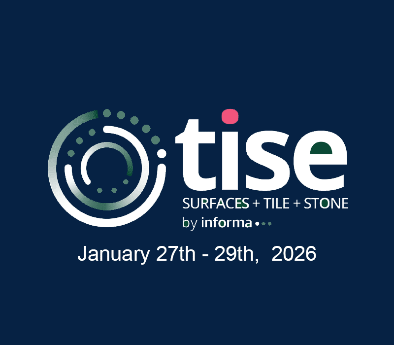 Promotional graphic for The International Surface Event 2026 featuring bold lettering and layered surface material imagery highlighting flooring and surfacing design.