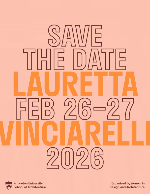Event promotional graphic for Womxn in Design and Architecture Conference 2026 featuring Lauretta Vinciarelli with bold typographic branding.