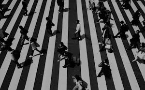 A high angle black and white photo of people crossing a city zebra crossing. Urban life captured.
