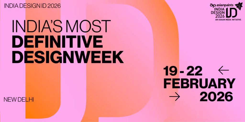 Promotional banner for India Design ID 2026 showing bold event branding with colorful geometric shapes and text.