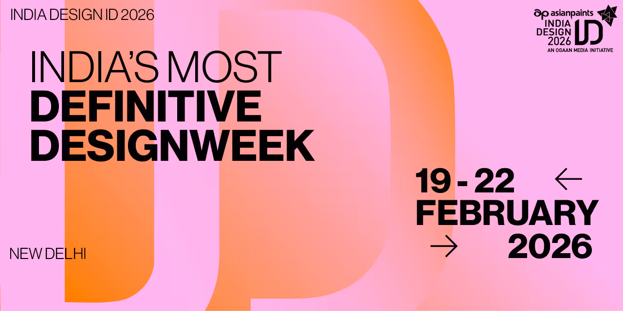 Promotional banner for India Design ID 2026 showing bold event branding with colorful geometric shapes and text.