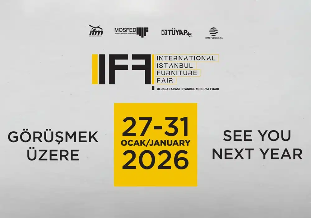 Graphic promotional image for the International Istanbul Furniture Fair 2026 showing bold event branding and geometric color blocks.