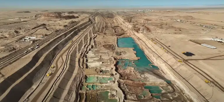 Aerial view of massive earthworks and linear excavation sites for The Line project in the Saudi desert.