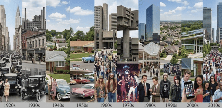 A vertical timeline collage illustrating the evolution of architecture, fashion, technology, and urban lifestyle from the 1920s to the 2010s.
