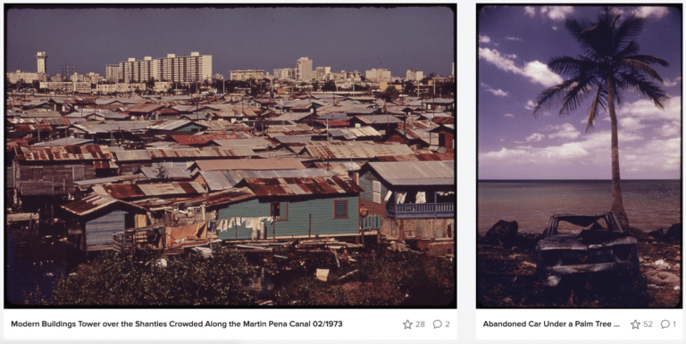 A split-screen collage from the 1973 Documerica project in Puerto Rico. Left: Modern white skyscrapers towering over corrugated metal shanties along a canal in San Juan. Right: A rusted, abandoned car chassis resting directly under a palm tree on a beach in Rincón.