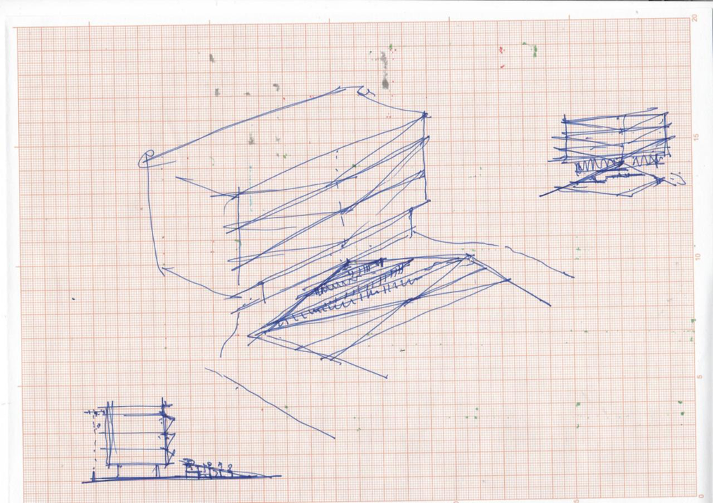 The project's preliminary sketch, following the development of the third concept and the firm's successful completion of the initial phase.