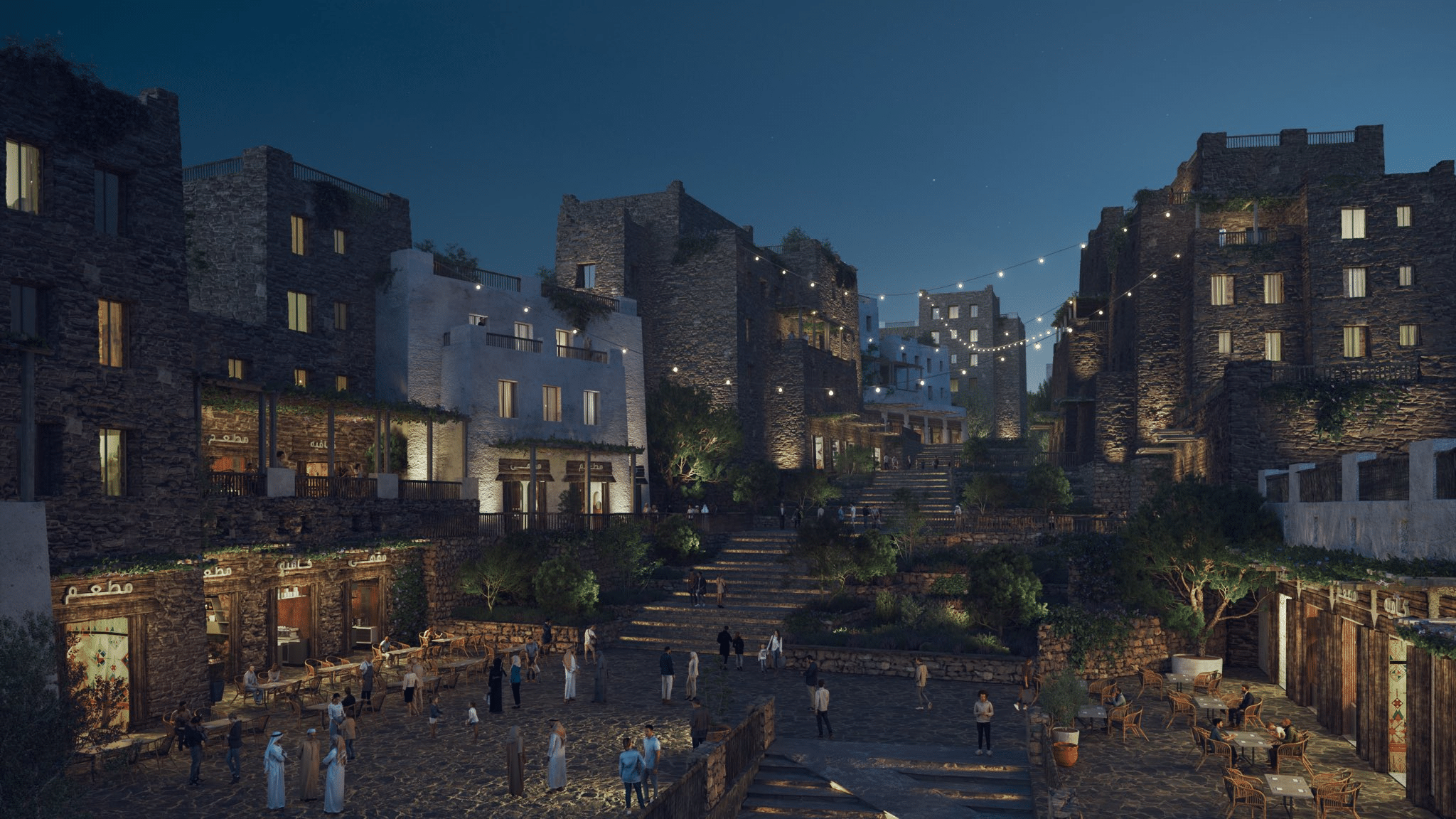Night view of a public plaza in Soudah Peaks featuring illuminated stone buildings, outdoor dining areas, and string lights creating a vibrant social atmosphere.