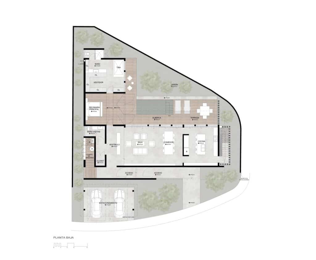 Ground floor architectural plan of Risk House 34 in Queretaro, showing an L-shaped layout with a central pool, garden, living areas, and open-plan kitchen-dining space.