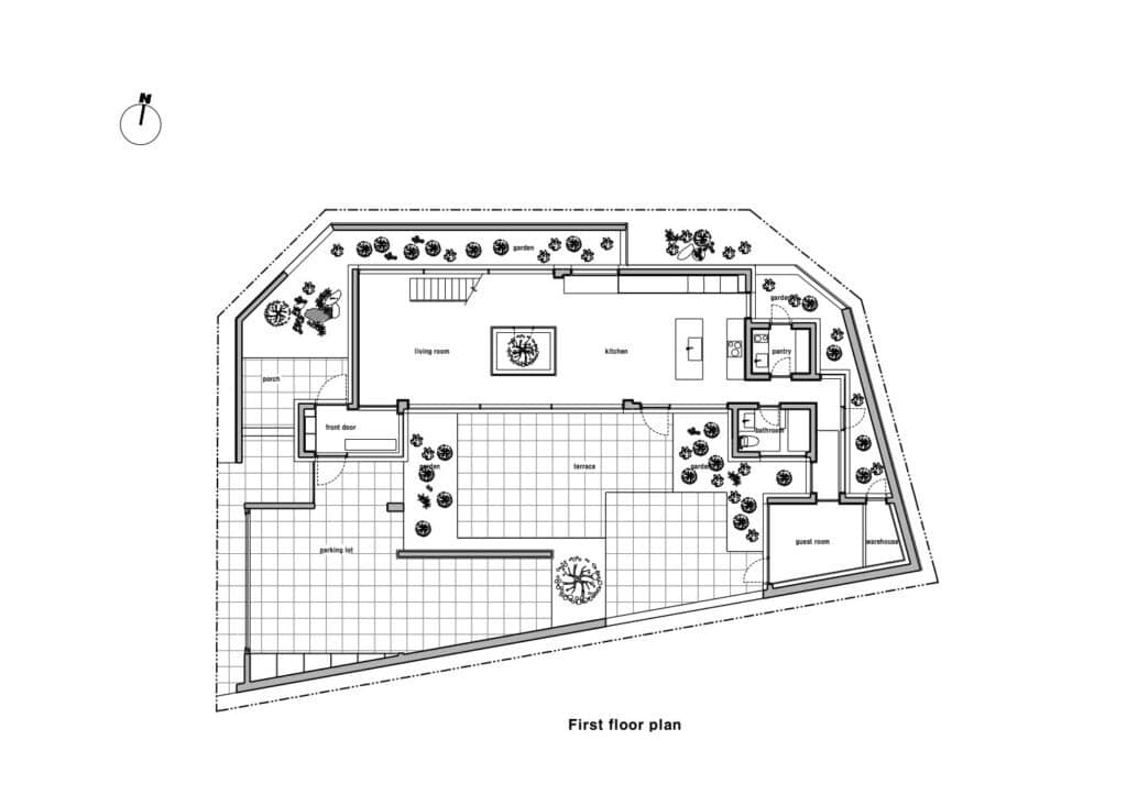 Comprehensive view of a modern family house design integrating interior and exterior spaces, private terraces, landscaped courtyards, natural lighting, and family-oriented living areas.