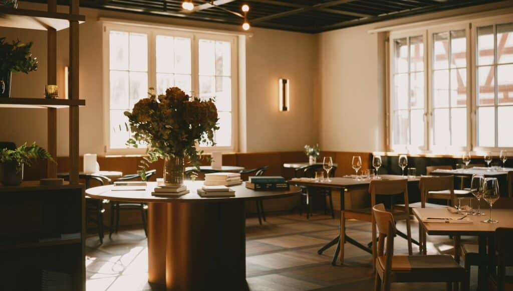 Modern dining room interior of Landgasthof Riehen with wooden tables, warm sunlight through large windows, and a central floral arrangement.