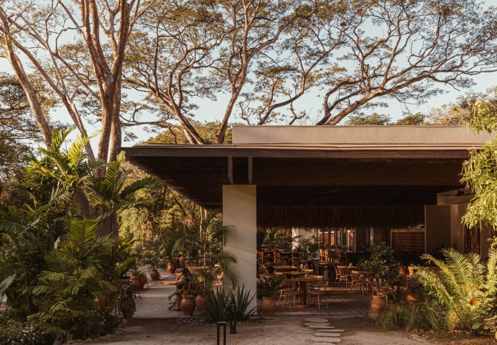 Evening view of the open-air restaurant area at Andaz Beach Club surrounded by tropical greenery.