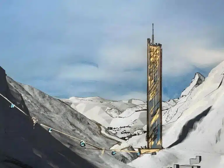 A tall, slender architectural tower conceptualized by Lina Bo Bied, standing amidst the snowy peaks of Zermatt, Switzerland.