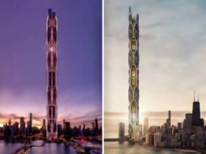 Side-by-side comparison of the Eden Rise sustainable skyscraper in Chicago at sunset and dusk, showing vertical farming integration and night lighting.