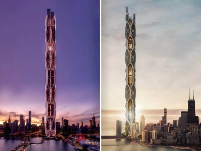 Side-by-side comparison of the Eden Rise sustainable skyscraper in Chicago at sunset and dusk, showing vertical farming integration and night lighting.