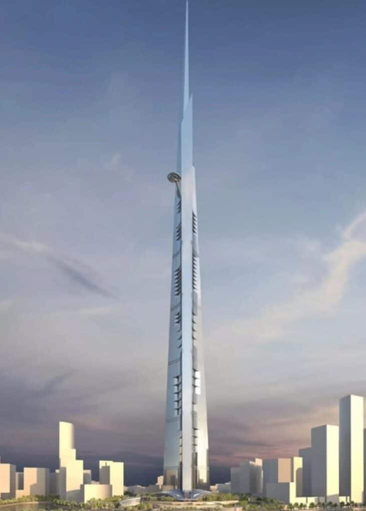 JEC Tower in Jeddah under construction, showcasing its central core, mixed-use spaces including offices, hotel, residential units, and engineering challenges as it rises above 1 kilometer, providing insight into modern skyscraper design and construction techniques