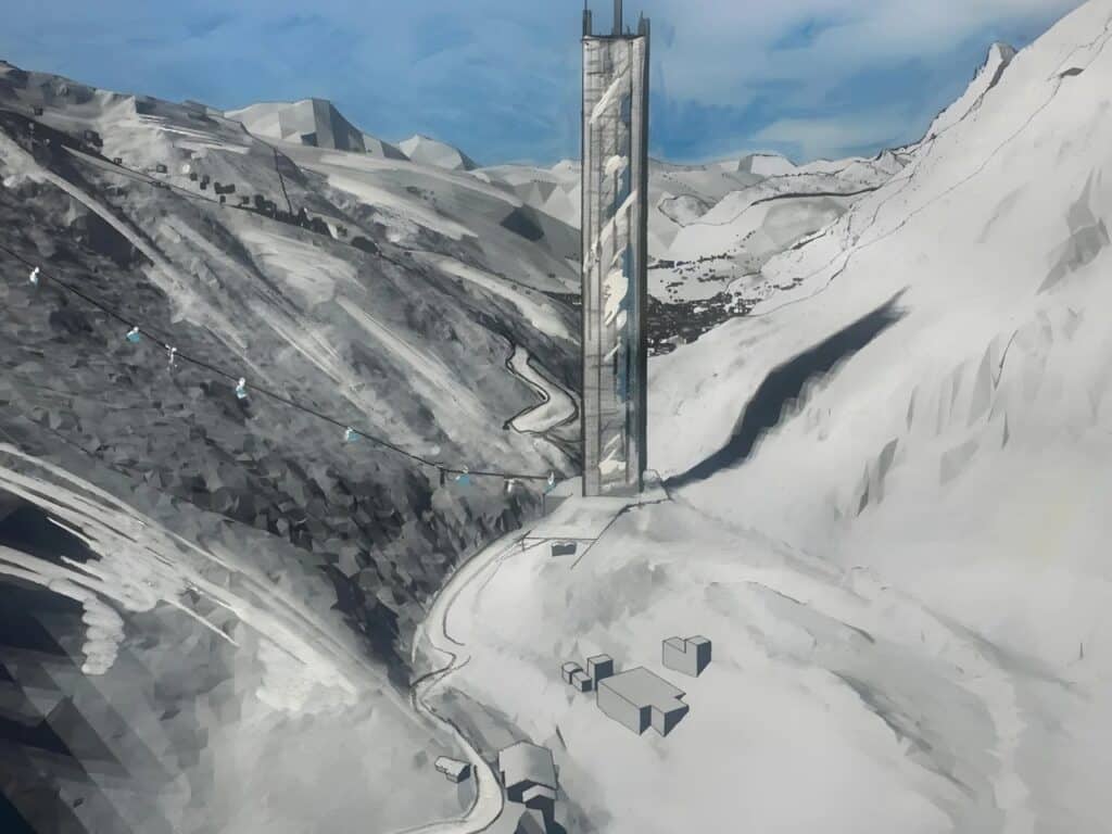 Architectural sketch of a high-rise tower in Zermatt mountains with cable car lines and snowy landscape.