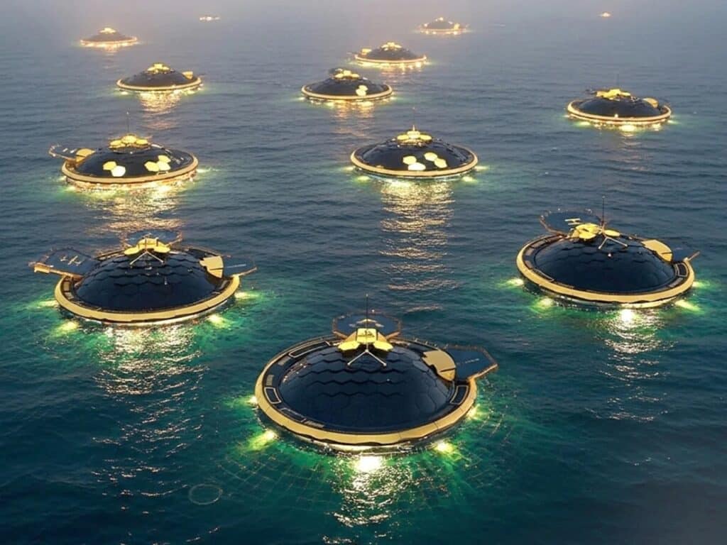Novasis floating sustainable structures illuminated at night on the open ocean.