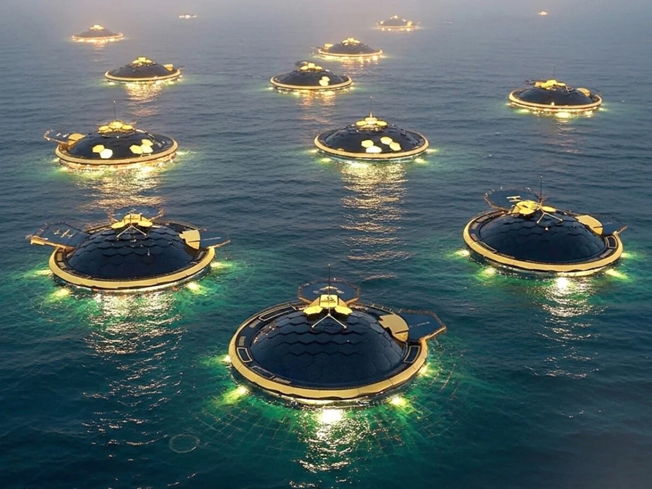 Novasis floating sustainable structures illuminated at night on the open ocean.