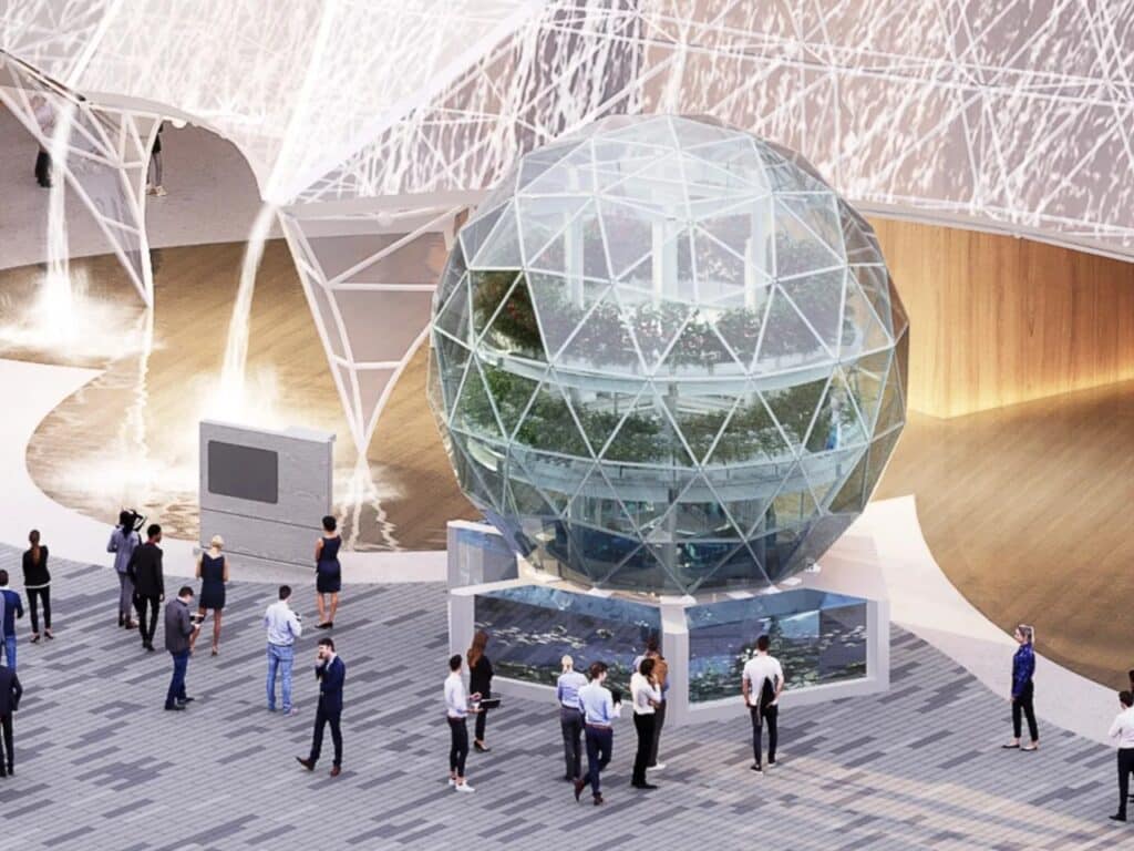 A sustainable vertical farming system showcasing hydroponic crops, modular structures, recycled water loops, and innovative urban food-production technology.