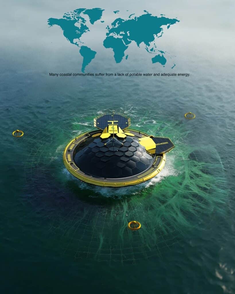 Infographic of a Novasis unit in the ocean with a world map showing coastal water scarcity issues.